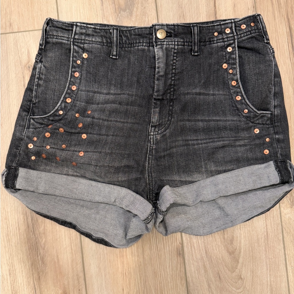 Pilcro Black Roll-Cuff Denim Shorts with Copper Studs